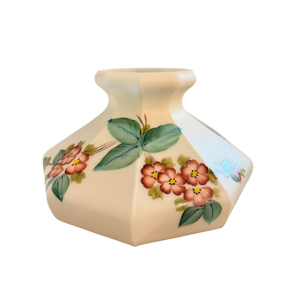 Vintage Hand Painted Floral Milk Glass Hurricane Lamp Shade Octagonal 9.75" Fit